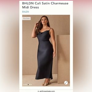 BHLDN Cali Satin Charmeuse Midi Dress, Midnight, Size 10